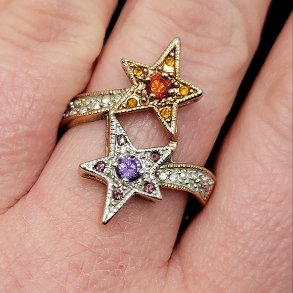 Signed RINC Statement Double Star Bypass Rhinestone Ring - Picture 1 of 10
